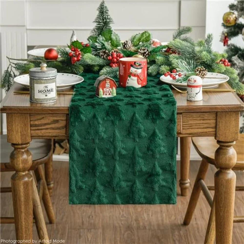 Christmas Trees Green Soft Plush Faux Fur Jacquard Christmas Table - Picture 5 of 8